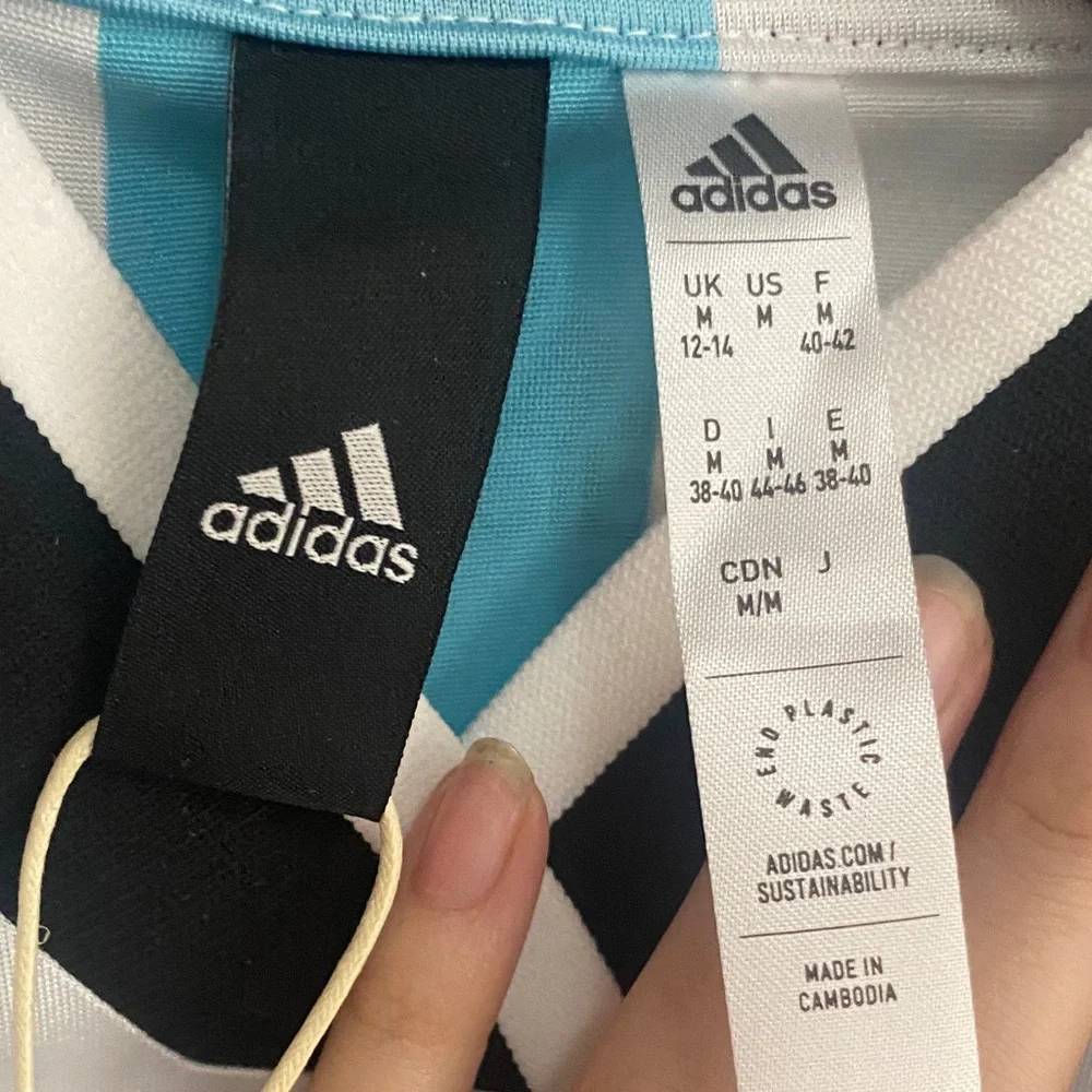 Adidas Light Blue & White Striped Womens Cropped Sports Tee - Picture 3 of 6